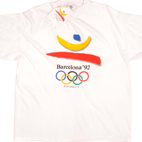 VINTAGE OLYMPIC GAMES BARCELONA 1992 TEE SHIRT 1988 SIZE XL DEADSTOCK WITH ORIGINAL TAG