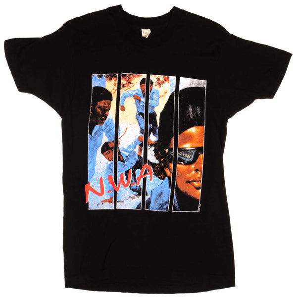 CAMISETA VINTAGE HIP HOP NWA 100 MILES AND RUNNIN RAP 1990 MEDIANO FABRICADA EN EE. UU.