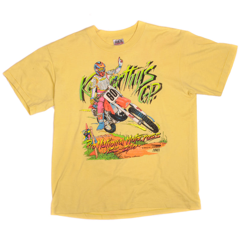 Vintage Kenworthy's G.P. Pro National Motocross 125-250 Oneita Tee Shirt Late 1980s-Early 1990s Size Large Made In USA With Single Stitch Sleeves.