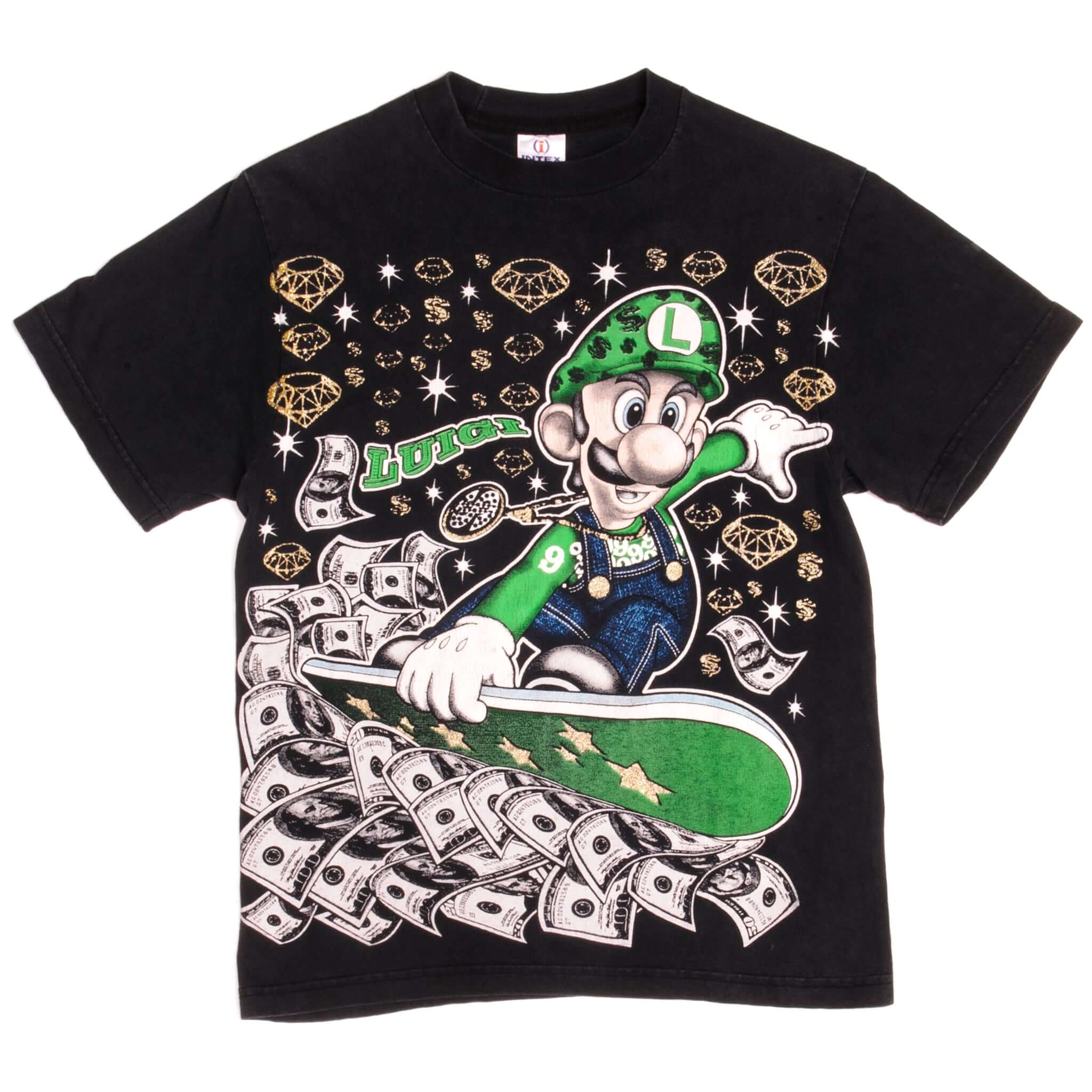 Vintage Luigi Riding 100$ Bills Intex American Activewear Tee Shirt Size Small.