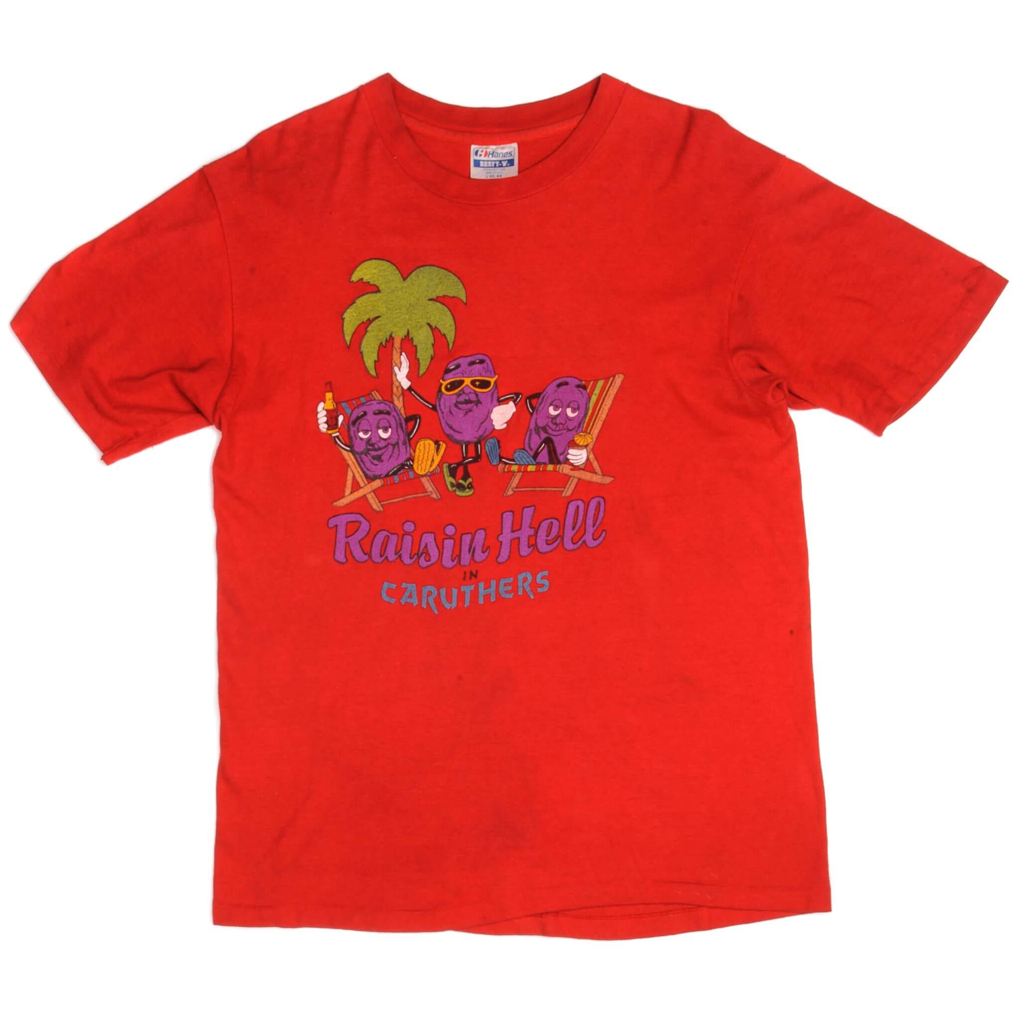 Vintage Raisin Hell In Caruthers Hanes Beefy-T Tee Shirt 1980s Size Large Made In USA With Single Stitch Sleeves.