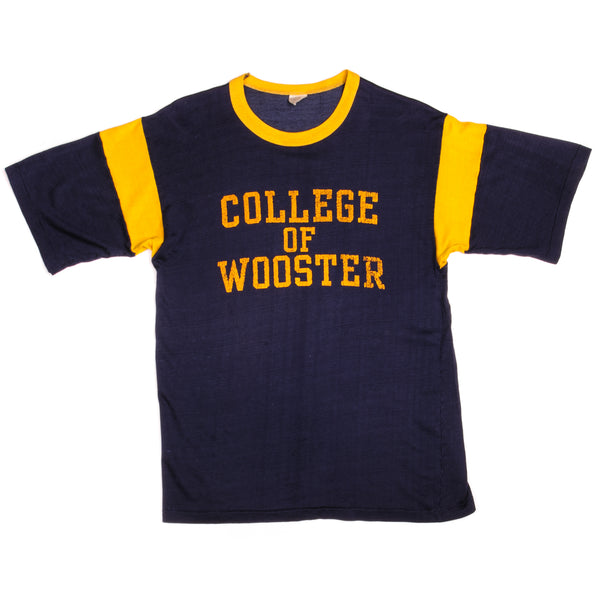 Vintage College Of Wooster Velva Sheen Tee Shirt 1970s Size Small Made In USA With Single Stitch Sleeves.