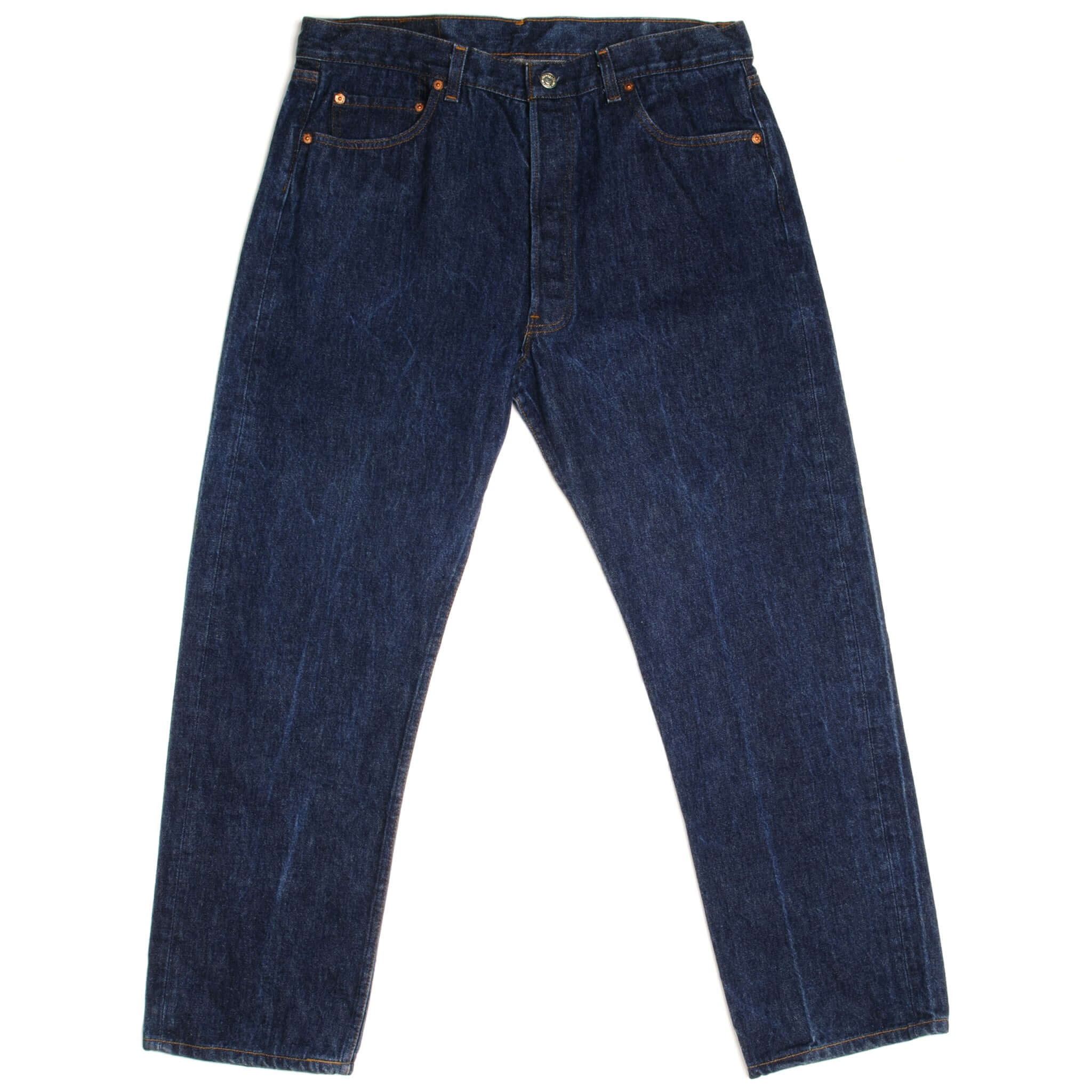 Beautiful Indigo Levis 501 Jeans Early 1980s Made in USA with a dark wash and some nice contrast between dark and medium wash.  Size on Tag 38X32  ACTUAL SIZE 35X28  Back Button No Number