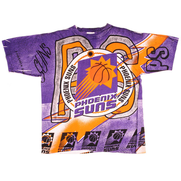 Vintage All Over Print NBA Phoenix Suns Tee Shirt Size Large With Single Stitch Sleeves.
