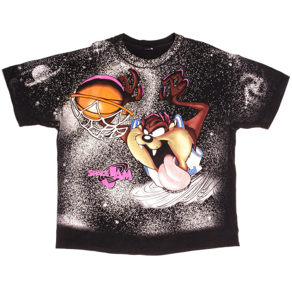 Vintage All Over Print Warner Bros Looney Tunes Taz Space Jam Tee Shirt 1990s Size 2XLarge With Single Stitch Sleeves.