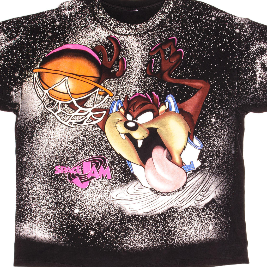 Vintage All Over Print Warner Bros Looney Tunes Taz Space Jam Tee Shirt 1990s Size 2XLarge With Single Stitch Sleeves.