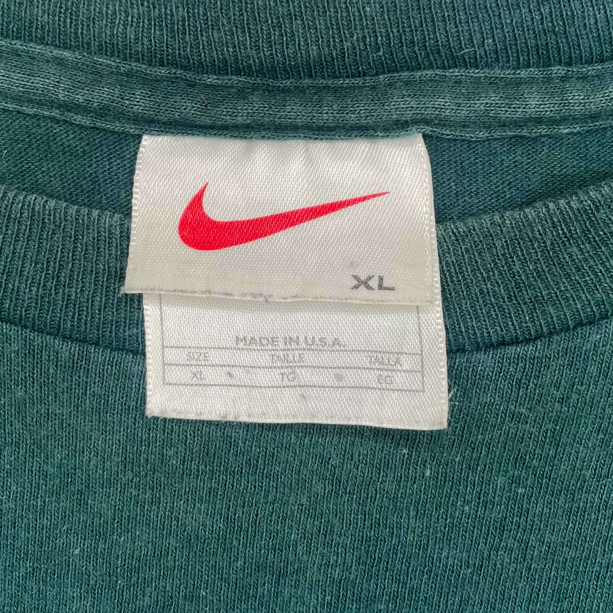 Vintage Nike Small Swoosh Embroidered Green Tee Shirt Late 1990s Size XL Made In USA